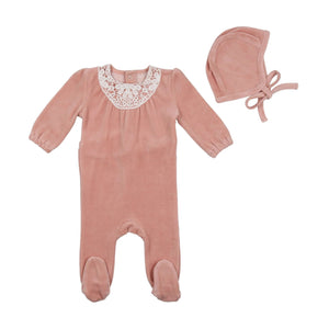 Baby Girl Footie + Bonnet | Eyelet Velour | Petal Pink | Bee and Dee | AW22