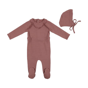 Baby Girl Footie + Bonnet | V-Neck Side Scrunch | Deep Mauve | Bee and Dee | AW22