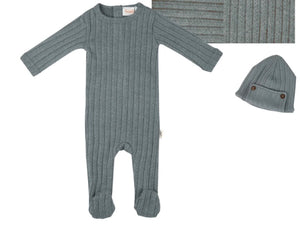 Baby Boy Hat and Footie | Wooden Button | Sea Green | Bondoux | AW22