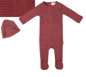 Baby Girl Hat and Footie | Wooden Button | Maroon | Bondoux | AW22