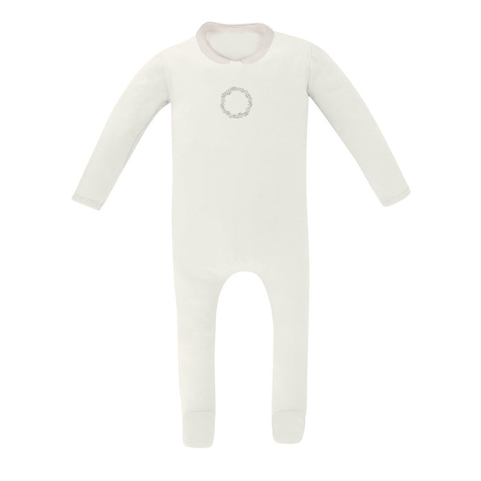 Baby Boy Footie + Bonnet | 1x1 Jersey Cotton | Embroidered Wreath | Silver/Ivory | Ely's & Co. | SS23