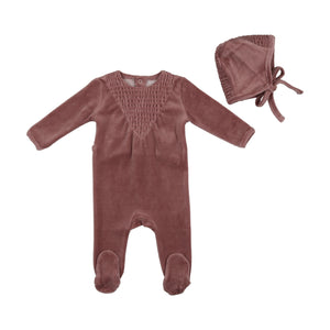 Baby Girl Footie + Bonnet | Center Smock | Deep Mauve | Bee and Dee | AW22