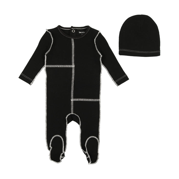 Baby Boy Footie + Beanie | Contrast Stitch | Black | Bee and Dee | SS23