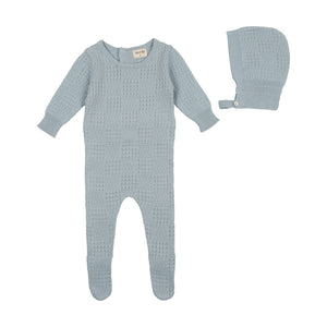Baby Boy Footie + Bonnet | Knit Pointelle Collection | Blue Fog | Bee and Dee | SS23