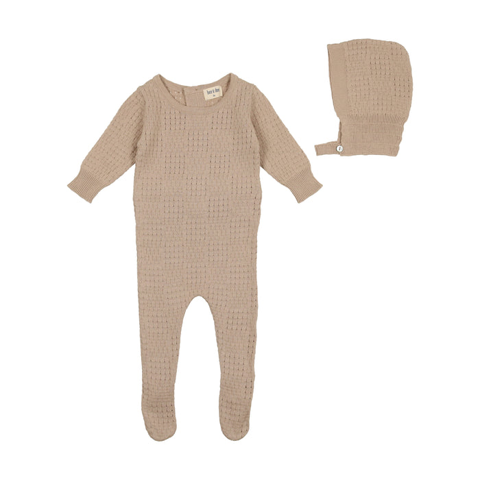 Baby Boy Footie + Bonnet | Knit Pointelle Collection | Taupe | Bee and Dee | SS23