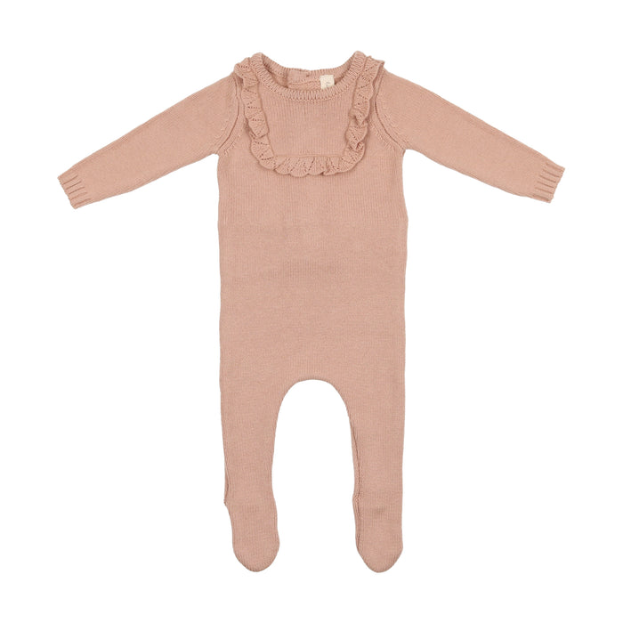 Baby Girl Footie + Bonnet | Bib Style Knit | Soft Pink Crochet | Lil Legs | AW22