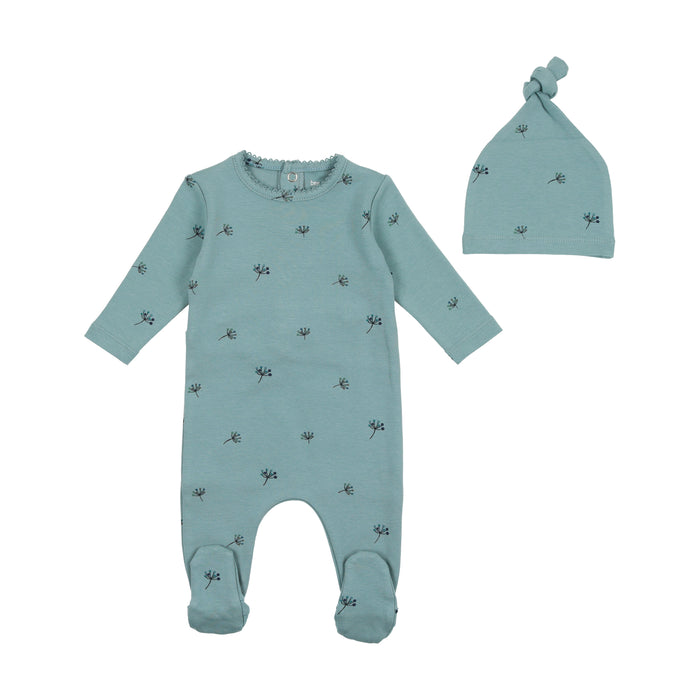 Baby Boy Footie + Bonnet | Little Buds Print | Mid Blue with Blue Buds | Bee and Dee | SS23