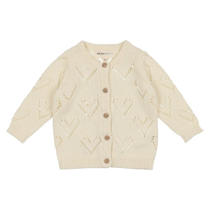 Baby 2 Piece Set | Pointelle Heart Cardigan + Embroidered Collar Romper  | Cream\Cream | Mema | AW22