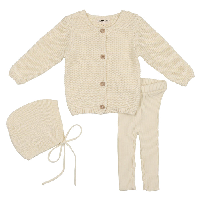 Baby Neutral 3 Piece Knit Set | Cardigan + Leggings + Bonnet  | Cream | Mema | AW22
