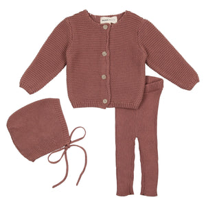 Baby 3 Piece Knit Set | Cardigan + Leggings + Bonnet  | Dark Mauve | Mema | AW22