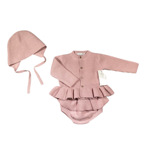 Baby Girl Knit Romper + Cardigan + Bonnet | Ruffle | Mauve | Martin Aranda | AW22