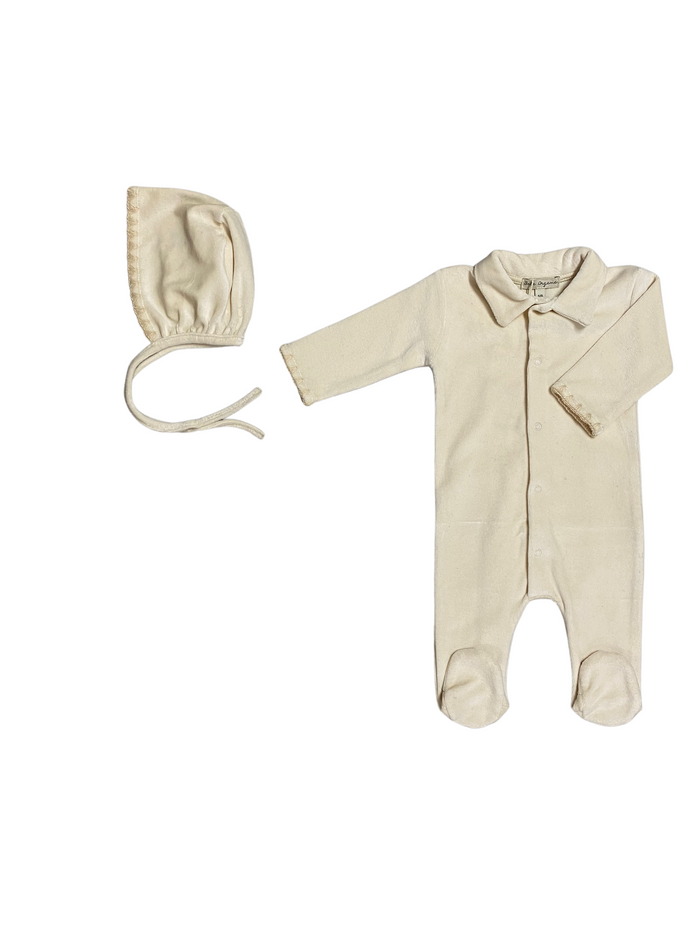 Baby Boy Footie And Hat |  Embroider Trim | Natural | Bebe Organic | AW22