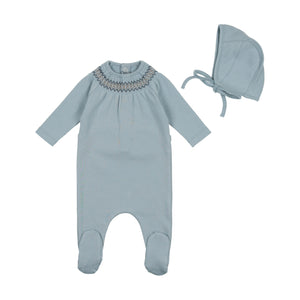 Baby Boy Footie + Bonnet | Smocked Embroidery | Blue Fog | Bee and Dee | SS23