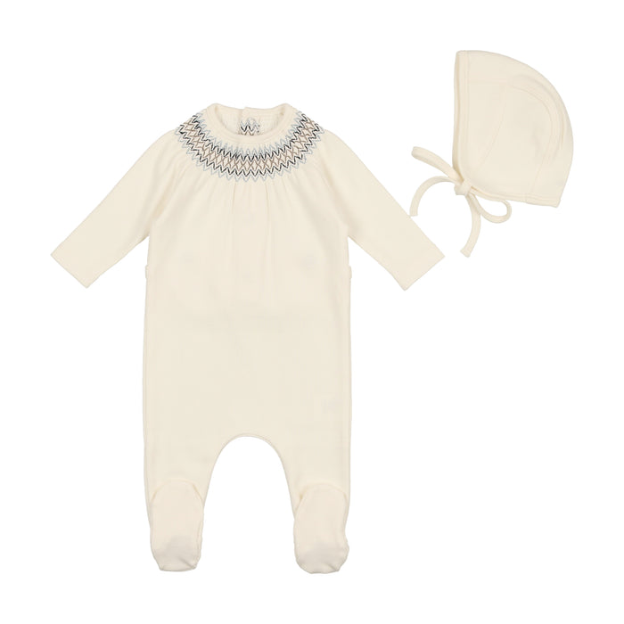 Baby Boy Footie + Bonnet | Smocked Embroidery | Ivory/Blue | Bee and Dee | SS23