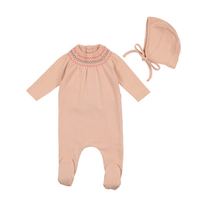 Baby Girl Footie + Bonnet | Smocked Embroidery | Blush | Bee and Dee | SS23