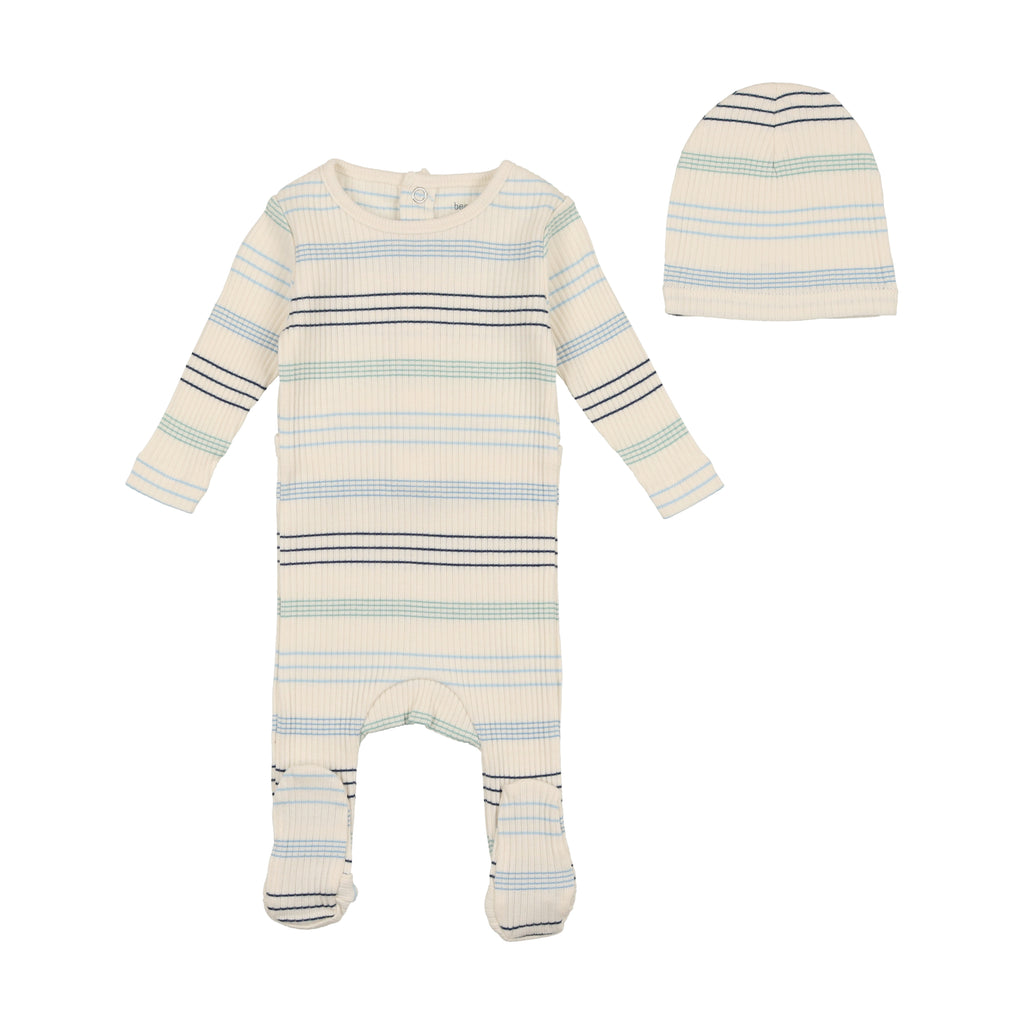 Baby Boy Footie + Beanie | Stripe Collection | Blue Stripe | Bee and Dee | SS23