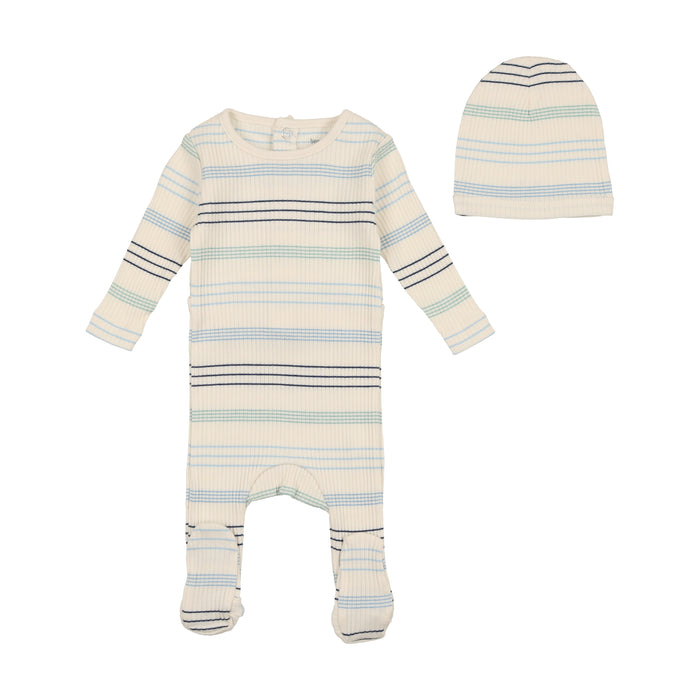 Baby Boy Footie + Beanie | Stripe Collection | Blue Stripe | Bee and Dee | SS23