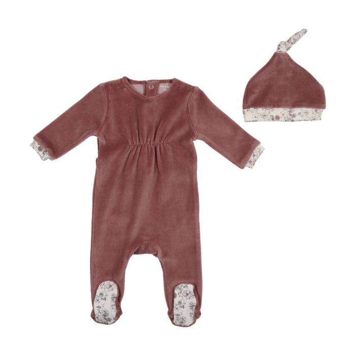 Baby Girl Footie + Bonnet | Floral Knot Velour | Brushed Mauve | Bee and Dee | AW22