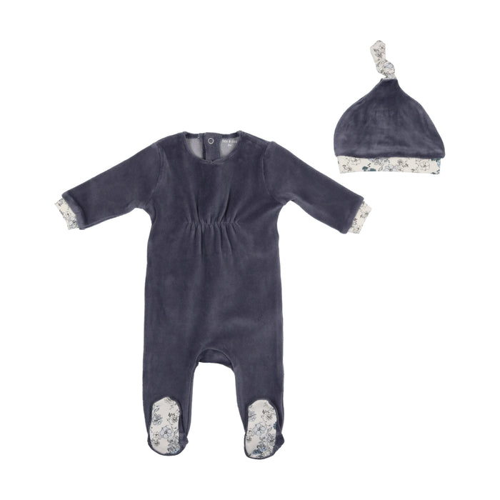 Baby Boy Footie + Bonnet | Floral Knot Velour | Hydrangea | Bee and Dee | AW22